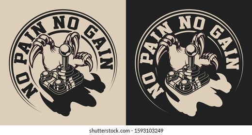 Set of illustrations on a gaming theme with a retro joystick. For white and black background. Text in a separate group