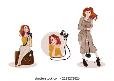 A set of illustrations on the girl photographer theme