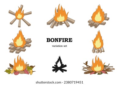 Set of illustrations on how to assemble firewood for a fire