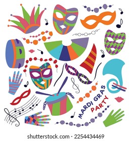 A set of illustrations on the Mardi Gras Party. Carnival, festival. Masks, tambourine, gloves, beads, notes, festive cap, drum, trumpet, bright cap, beads, text. letters. For design printed products .
