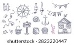 A set of illustrations on a marine theme, hand-drawn in a vector. Lighthouse, anchor, ship