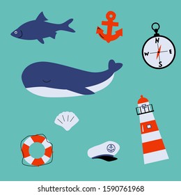
Set of illustrations on the marine theme in a flat style.