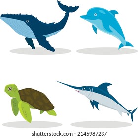 A set of illustrations on the marine theme. Turtle, swordfish, dolphin and whale. No background, isolated.