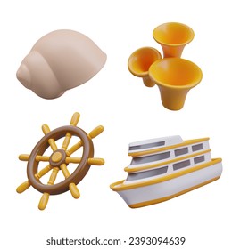 Set of illustrations on marine theme. 3D shell, corals, yacht, ship rudder. Concept of rest on sea, in ocean. Sea cruise. Exploring beauty of underwater world