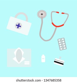 
set of illustrations on a medical subject stethoscope, pills