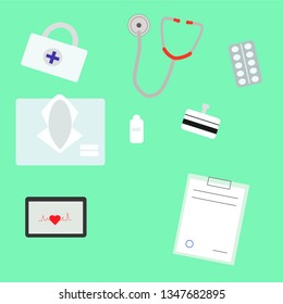 set of illustrations on the medical theme stethoscope, tablets