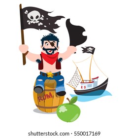 A set of illustrations on the pirate theme. A man sitting on a wooden barrel and holds the Jolly Roger and tricorne. Small fishing boat.