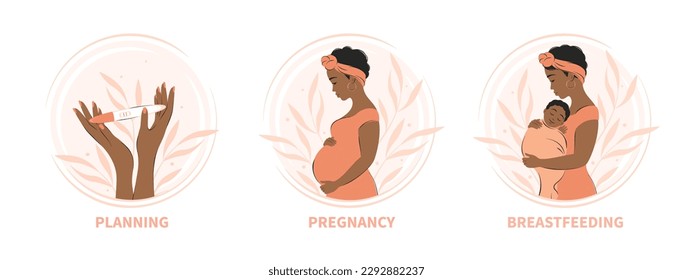 Conjunto de ilustraciones sobre embarazo y planificación, lactancia materna y maternidad. Ilustración vectorial.