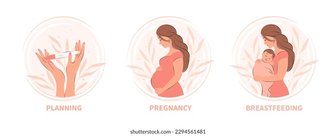 Set of illustrations on pregnancy and planning, breastfeeding and motherhood. Vector illustration.