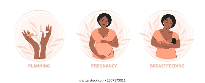 Set of illustrations on pregnancy and planning, breastfeeding and motherhood. Vector illustration.