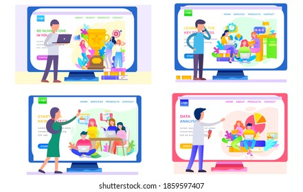 A set of illustrations on the presentation of a new program. Online store landing page template. Application for analysing data and learning. Guys work on the computer and talk on the phone