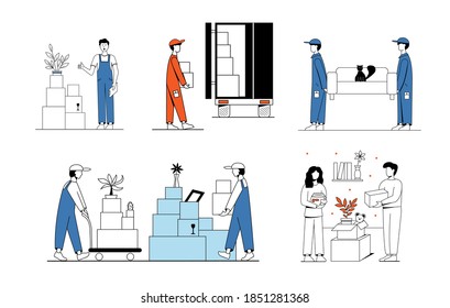 A set of illustrations on the subject of moving. Movers carry the sofa, load boxes into the truck. A couple of men and women are packing things.
