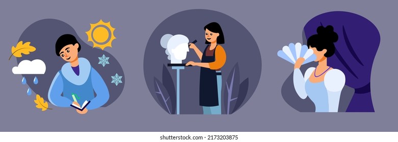 A set of illustrations on the theme of art workers. The girl is a theater actress, the guy is a writer, the girl is a sculptor. Characters of creative professions. Vector