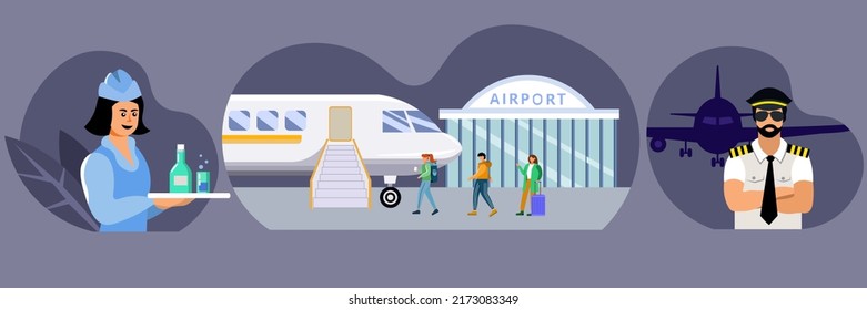 A set of illustrations on the theme of aviation. Characters-employees of the airport, a female stewardess and a male pilot, as well as passengers on the background of the airport and the plane. Vector