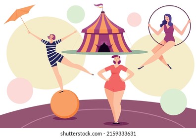 Set of illustrations on the theme of the circus. Three gymnasts and a circus building.