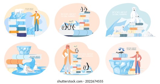 Set of illustrations on theme of climate change. Books, literature about animals during global warming. Girl points to astack of books about nature Animals ask for help due to global warming