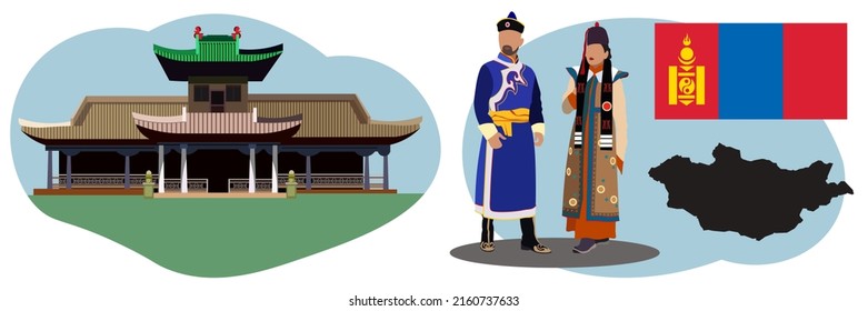 set of illustrations on the theme of the country of Mongolia. Characters in traditional Mongolian clothes show the beauties of their country. Sightseeing palace of the Bogd Gegen. Flag and map 