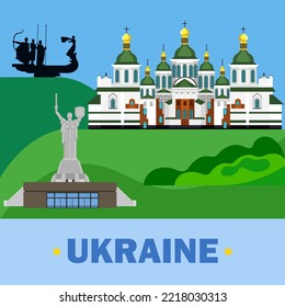 Illustrationen zum Thema des Landes der Ukraine. Berühmte Sehenswürdigkeiten der Ukraine: Motherland Denkmal, Sophia Kathedrale, Denkmal der Gründer von Kiew. Vektorbild