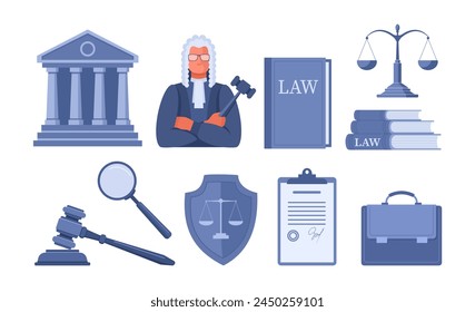 A set of illustrations on the theme of court, law, legal services and defense in court. Male judge in a wig, courthouse, scales, law book, contract, gavel, magnifying glass, shield. Blue vector banner