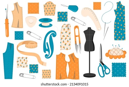 set of illustrations on the theme of cutting and sewing. Illustrations of tools and patterns for tailors isolated on white background