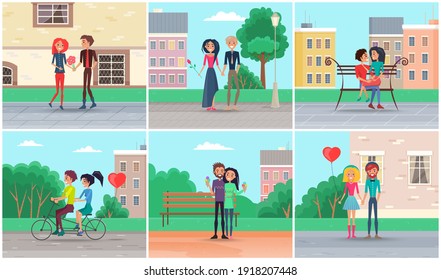 Set of illustrations on the theme of dating in the park. People in relationship walk outdoors. Characters in love in the open area against the background of urban buildings and green trees summer day