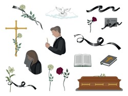 A Set Of Illustrations On The Theme Of Death, Funerals, Farewells. A Man And A Woman In Mourning, A Coffin, A Bible, A Mourning Ribbon, Flowers, A Flying Dove, A Cross, Portrait Of The Deceased