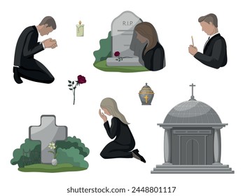 A set of illustrations on the theme of death, funerals, farewells, cemeteries. A man and a woman in mourning, Graves, crosses, tombstones, crypts, an urn with ashes, a candle, a rose