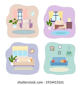Set of illustrations on the theme of decoration and layout of the living room. Arrangement of furniture and installation of a sofa at ho me. Couch with various accessories vector illustration