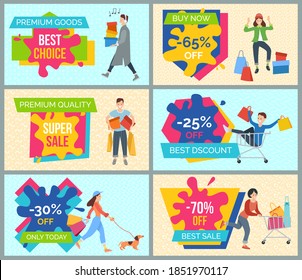 Set of illustrations on the theme of discounts and black friday. People with purchases rush to the sale. Girls and boys are going shopping in the store. Advertising and marketing in the background