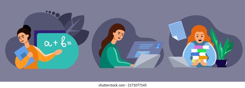 A set of illustrations on the theme of education. Characters get an education, read books, go to training courses and get knowledge from the Internet. Vector illustration