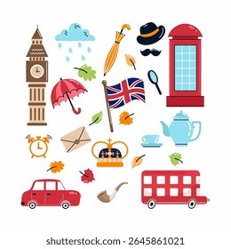 Set illustrations on theme of England. postcard decoration element.