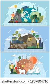 Set Of Illustrations On Theme Of Environmental Problems, Global Warming And Pollution Of Planet