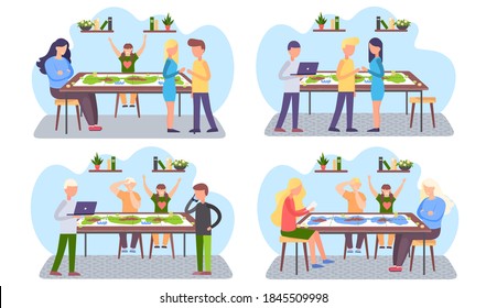 Un conjunto de ilustraciones sobre el tema de las vacaciones familiares. Los niños con sus padres juegan un juego de mesa. Combinando trabajo y ocio. Pasatiempo conjunto en casa. Feliz viaje familiar por la noche