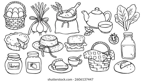 set of illustrations on the theme of farm products. cute doodle drawings