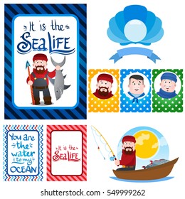 A set of illustrations on the theme of fishing. Fisherman with a shark, a fishing boat. Cards and avatars with cartoon characters.