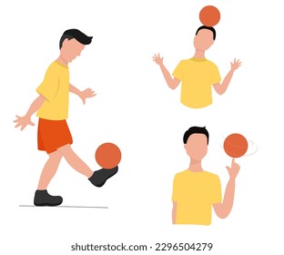 A set of illustrations on the theme of football, young guys do tricks with the ball, stuff the ball, twist the ball on the head, spin the ball on the finger 