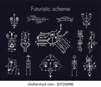 Set of illustrations on the theme of the future. Scheme, people, animals, ornaments. Black