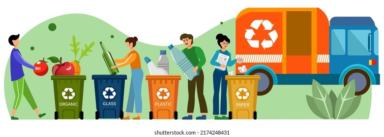 A set of illustrations on the theme of garbage sorting. The characters sort their garbage, throw it into the right container for further processing. Waste sorting containers, garbage disposal machine.