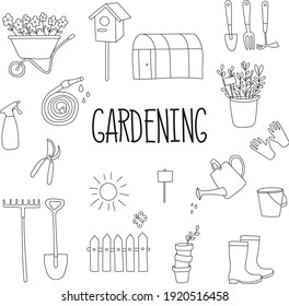 Set Of Illustrations On The Theme Of Gardening In Doodle Style