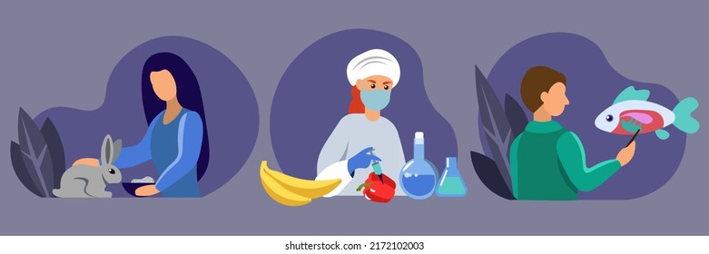 A set of illustrations on the theme of genetic engineering. The characters in the laboratory are engaged in genetic modification, breeding new varieties of plants and animal species. Vector 