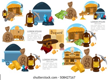 Set of illustrations on the theme of Goldfield. Wild West.