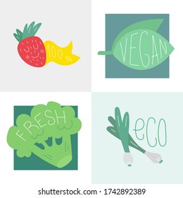 Conjunto de ilustraciones sobre el tema de la alimentación saludable. Fresas, cebollas, brócoli, hojas de menta. Afiche único de guardería dibujado a mano. Vector moderno.