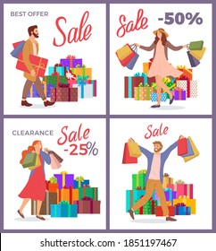 Set of illustrations on the theme of the holiday sale and discounts. People buy gifts for the holiday. The group rejoicing with packages with purchases in their hands. Big boxes on the background