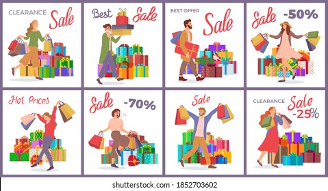 Set of illustrations on the theme of the holiday sale and best offer. Happy people buy gifts for the holiday. The group with multi-colored shopping bags in their hands. Big boxes on the background