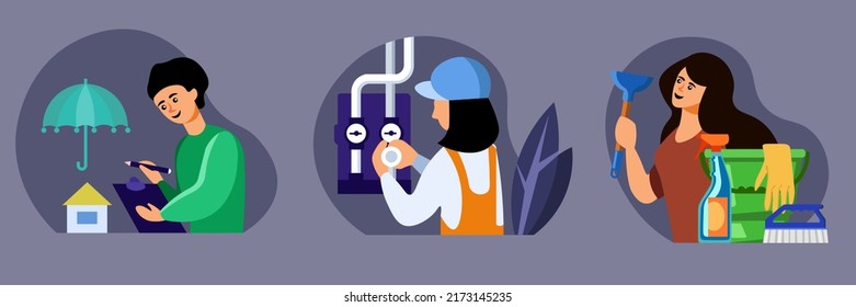 Un conjunto de ilustraciones sobre el tema del personal doméstico. La chica es empleada de una empresa de limpieza, el tipo es agente de seguros, la chica es plomero. Los caracteres funcionan en el sistema de servicio doméstico. 