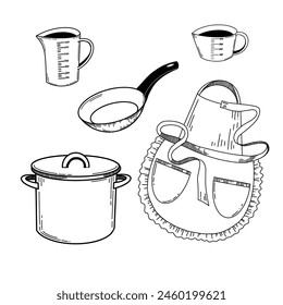 A set of illustrations on the theme of kitchen. A saucepan, an apron with lace, a frying pan and a measuring cup drawn in vector with a black outline. Suitable for kitchen design, textiles, paper.