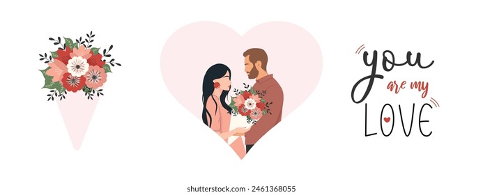 Un conjunto de ilustraciones sobre el tema del amor. Una pareja feliz enamorada. Ramo de flores. Amantes celebrando una cita romántica. Texto. 