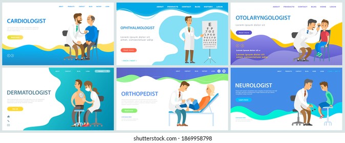 Conjunto de ilustraciones sobre el tema de la página web médica. Solicitud para comunicarse con los médicos. Programa de pago para pacientes. Tratamiento en línea y consultas con especialistas destacados