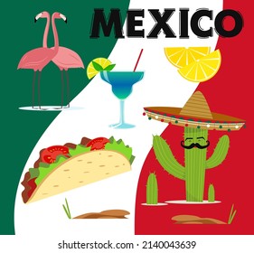 Set of illustrations on the theme of Mexico.