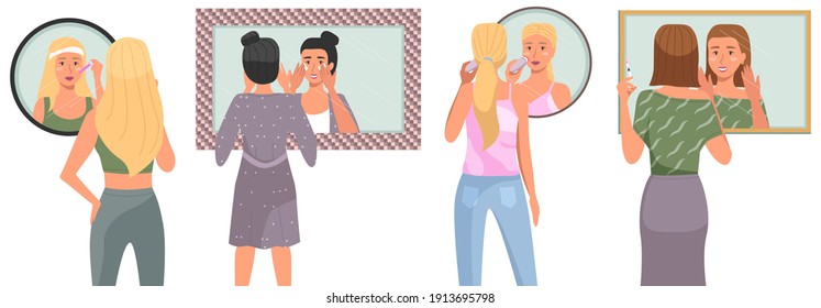 Conjunto de ilustraciones sobre el tema de la rutina matutina. Las mujeres limpian su piel en el baño. Las personajes femeninas miran en el espejo y aplican el vector de productos de cuidado de la piel. Hacer maquillaje